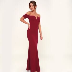 Lulus Lynne Burgundy Off-the-Shoulder Maxi Dress Floor Length Formal Gown Small